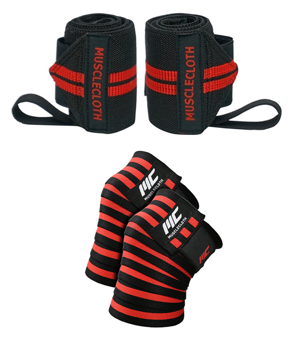 MuscleCloth Pro Wrist Wraps + Pro Knee Wraps Seti Siyah Kırmızı