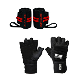 MuscleCloth Pro Fitness Ağırlık Eldiveni + Pro Wrist Wraps Siyah